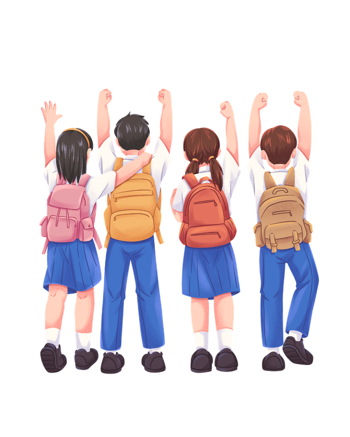Students in uniform standing together, arms raised
