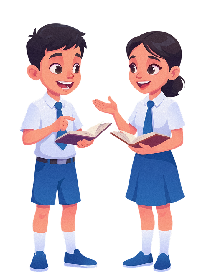 Two students in uniform talking, holding books