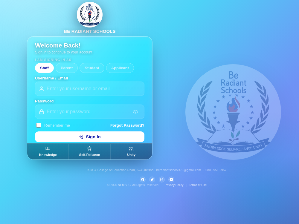Preview of the Be Radiant Schools sign-in page